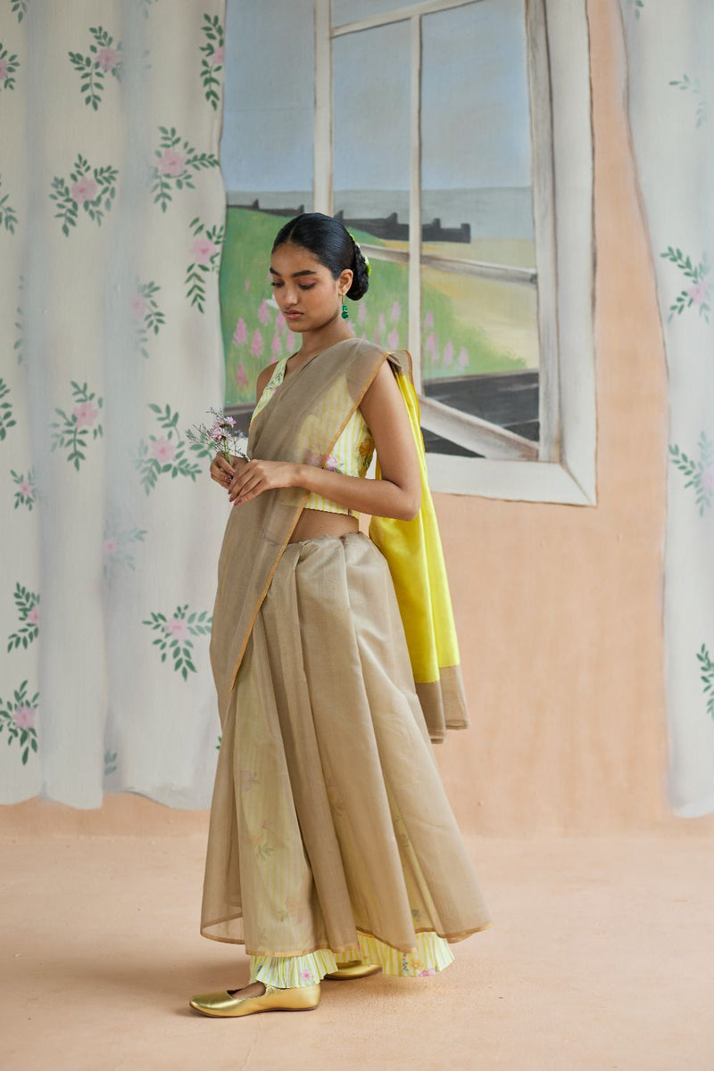 Sundaze Chanderi Sari silk by Nadiya Paar in brown color for women Worldwide