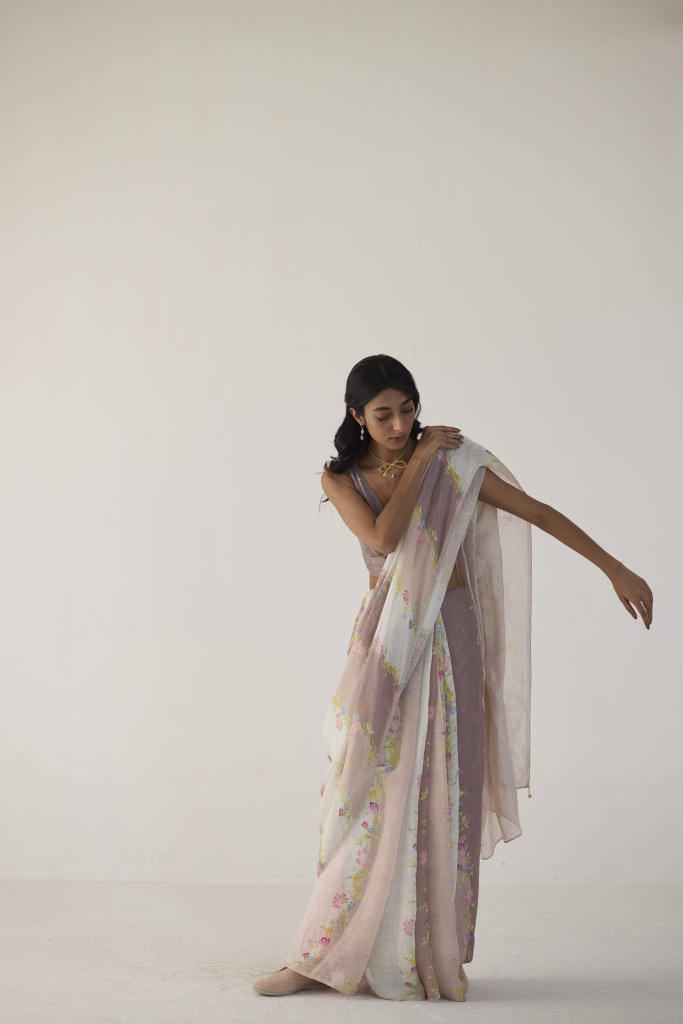 Meander Linen Brown Sari by Nadiya Paar in brown color for women Worldwide