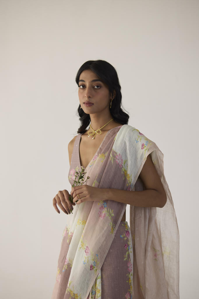 Meander Linen Brown Sari by Nadiya Paar in brown color for women Worldwide