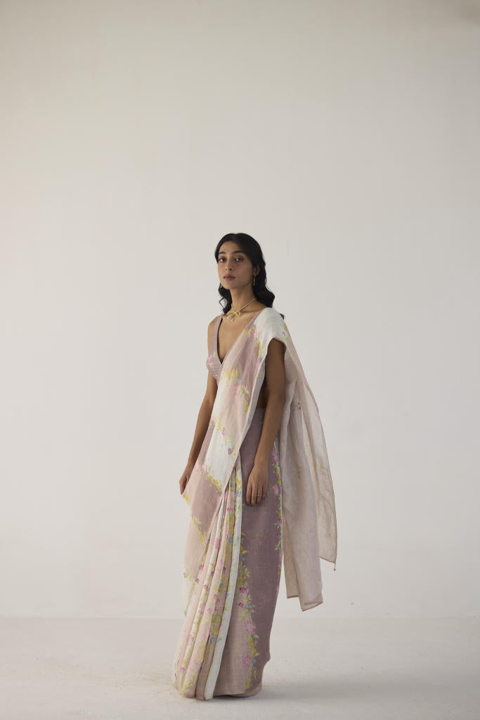Meander Linen Brown Sari by Nadiya Paar in brown color for women Worldwide