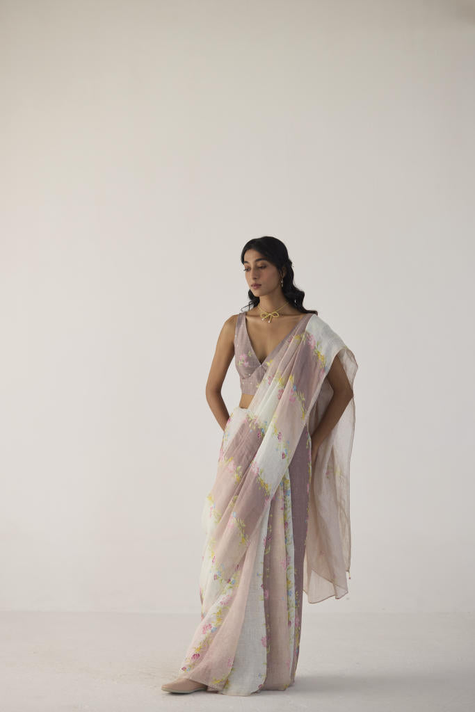 Meander Linen Brown Sari by Nadiya Paar in brown color for women Worldwide