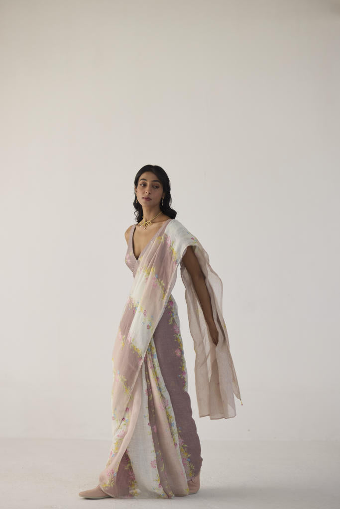 Meander Linen Brown Sari by Nadiya Paar in brown color for women Worldwide
