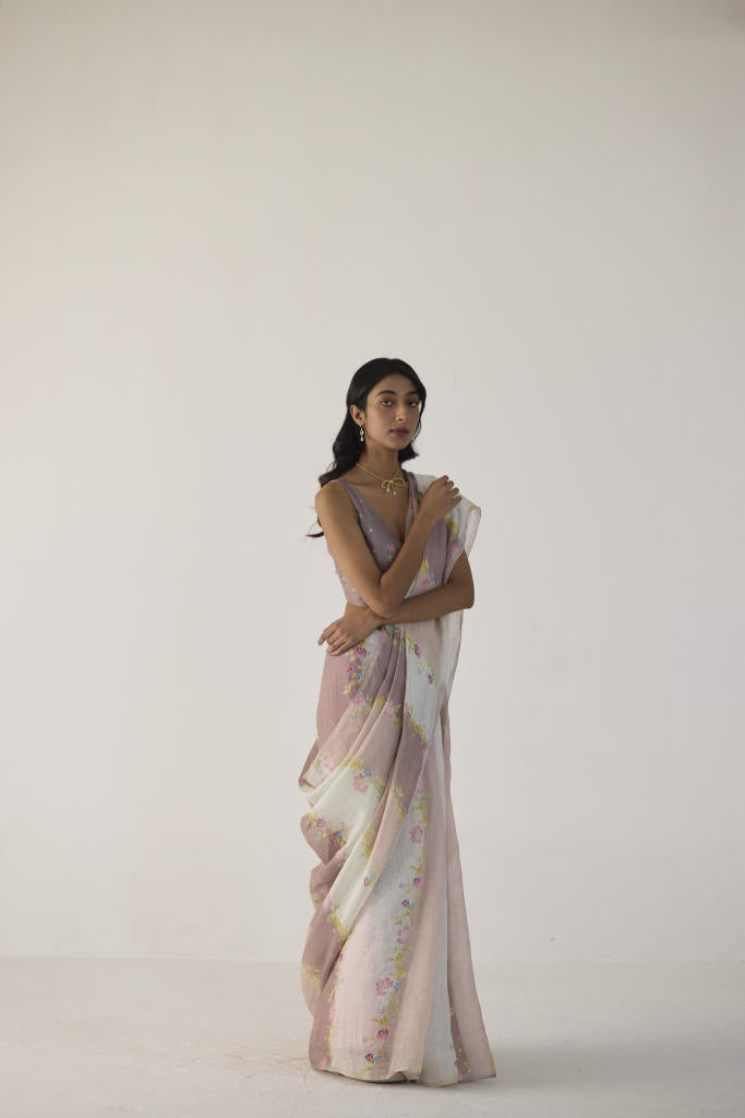 Meander Linen Brown Sari by Nadiya Paar in brown color for women Worldwide