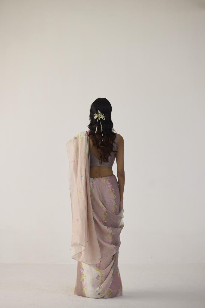 Meander Linen Brown Sari by Nadiya Paar in brown color for women Worldwide