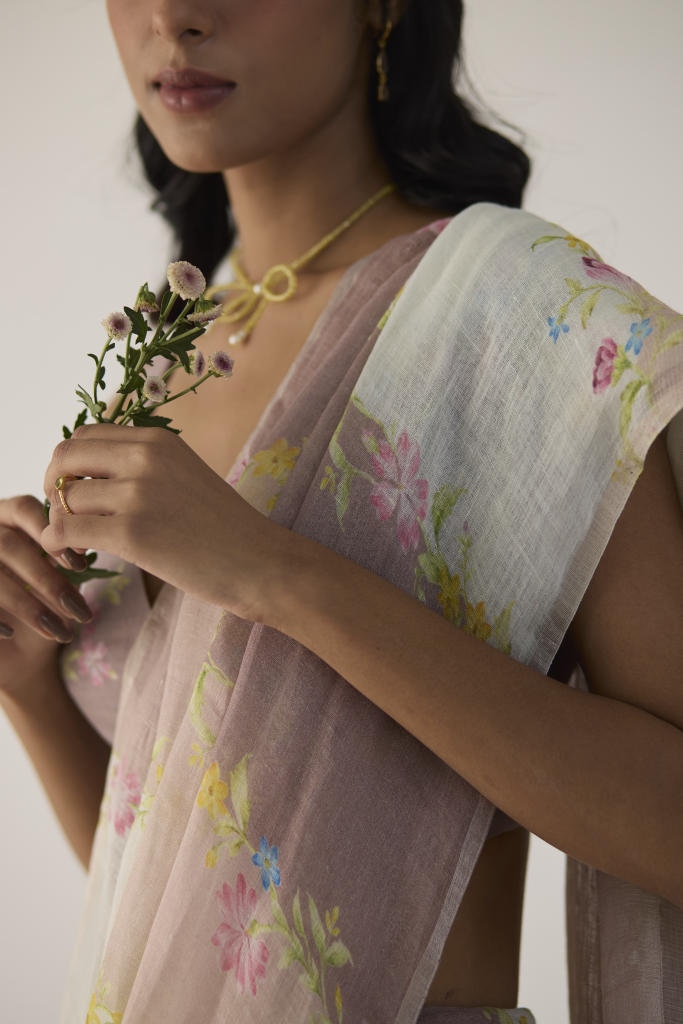 Meander Linen Brown Sari by Nadiya Paar in brown color for women Worldwide