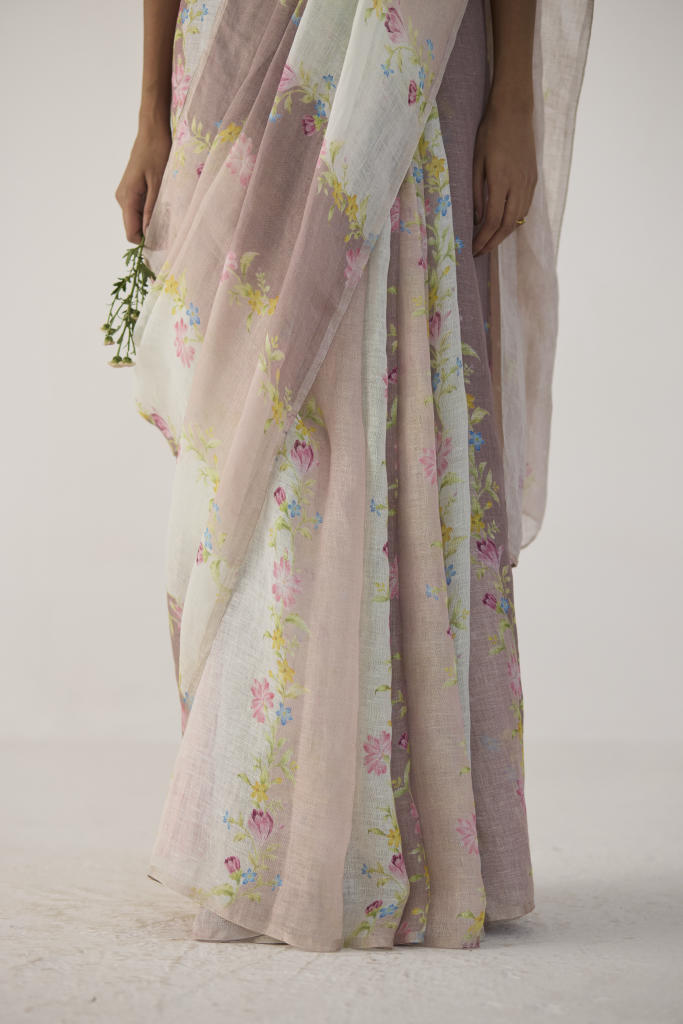 Meander Linen Brown Sari by Nadiya Paar in brown color for women Worldwide