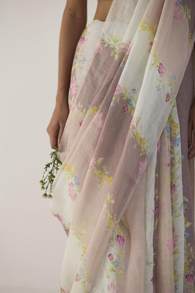 Meander Linen Brown Sari by Nadiya Paar in brown color for women Worldwide