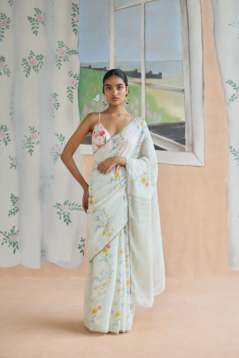 Unwind Line Sari linen by Nadiya Paar in white color for women Worldwide
