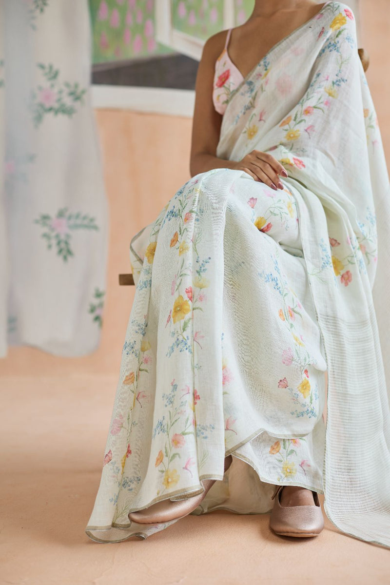 Unwind Line Sari linen by Nadiya Paar in white color for women Worldwide