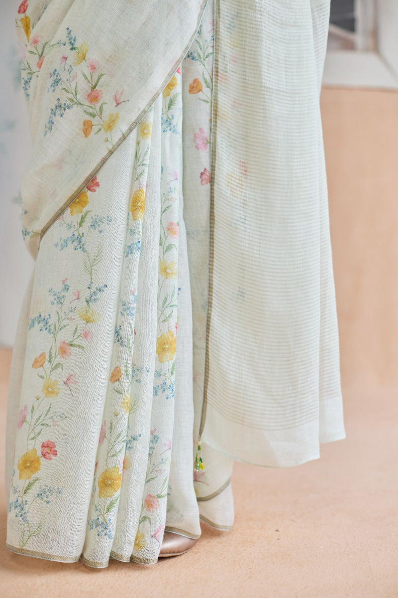Unwind Line Sari linen by Nadiya Paar in white color for women Worldwide