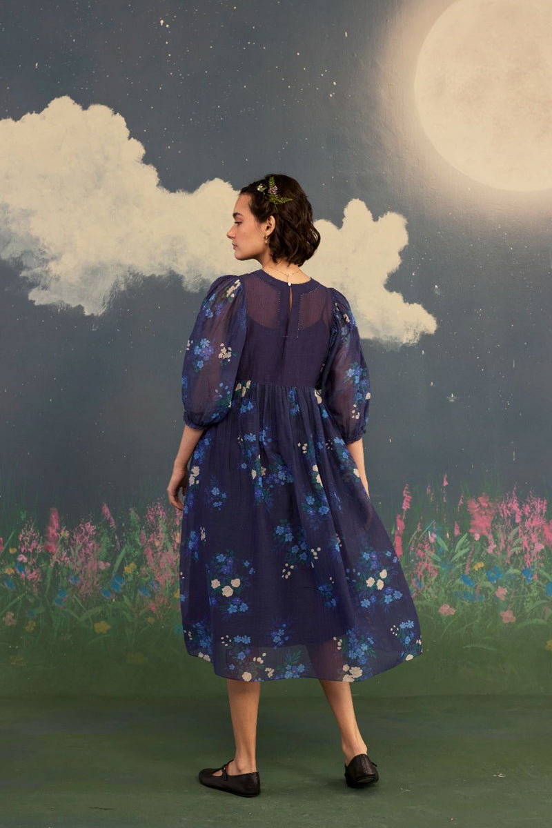 Blue Morning Glory Rose June Dress silk by Nadiya Paar in black color for women Worldwide