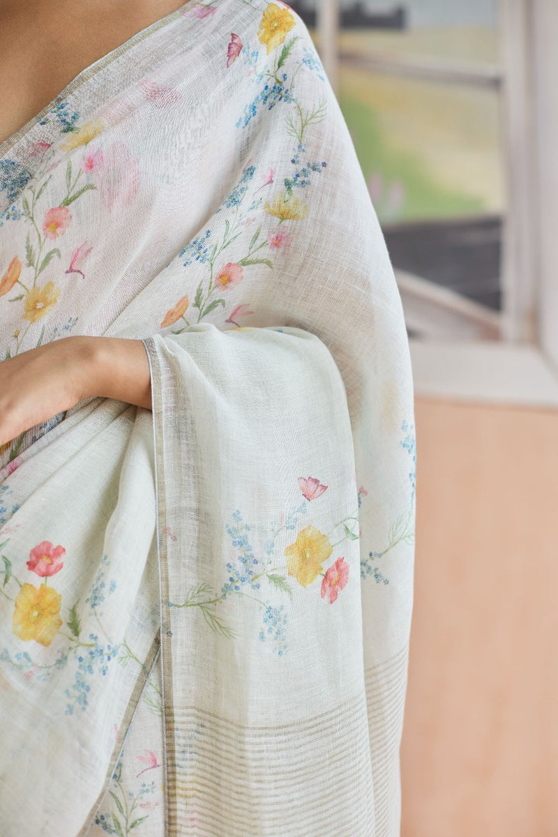 Unwind Line Sari linen by Nadiya Paar in white color for women Worldwide
