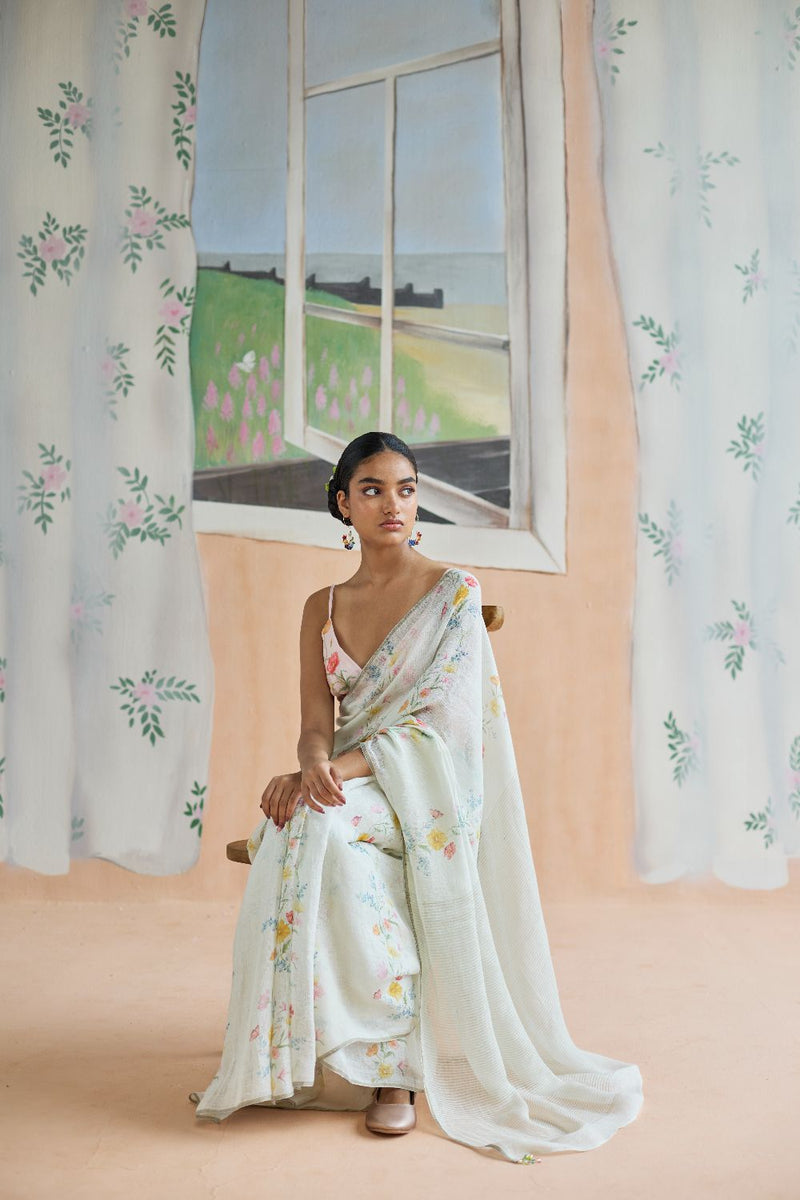Unwind Line Sari linen by Nadiya Paar in white color for women Worldwide