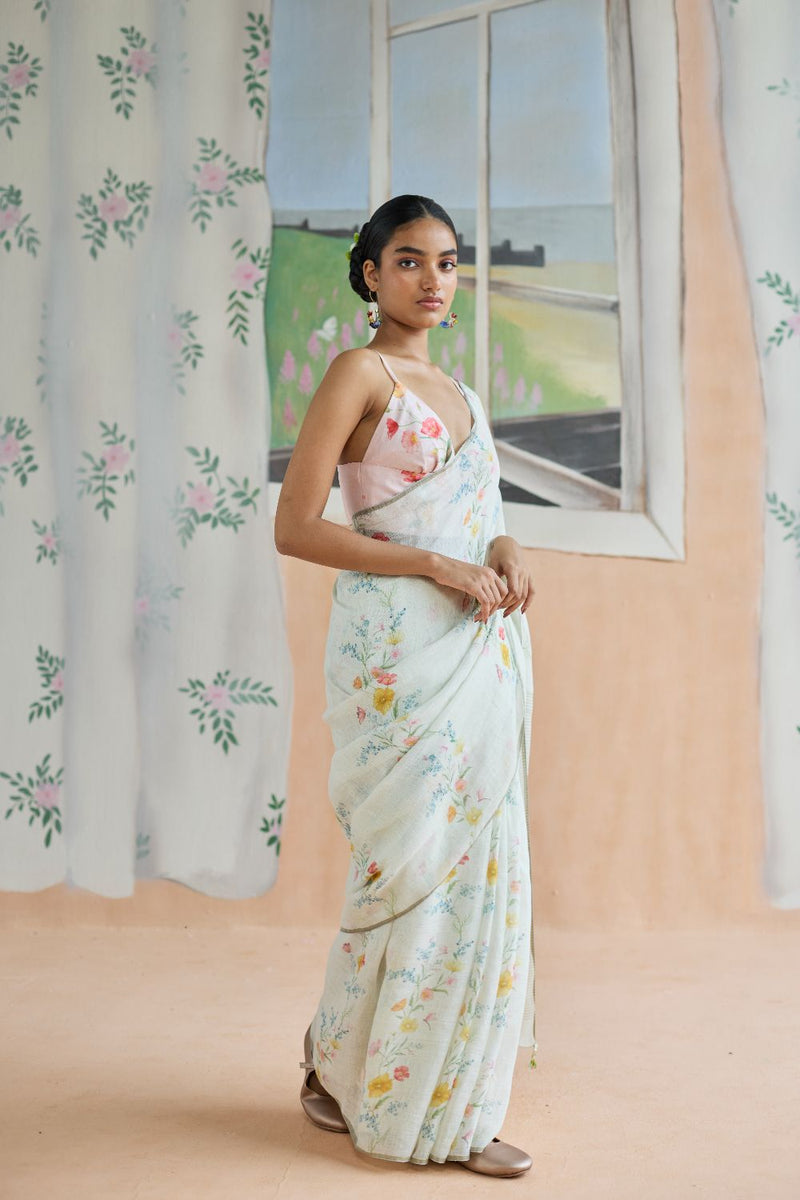 Unwind Line Sari linen by Nadiya Paar in white color for women Worldwide