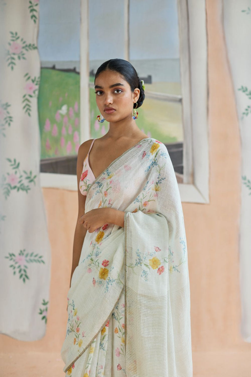 Unwind Line Sari linen by Nadiya Paar in white color for women Worldwide