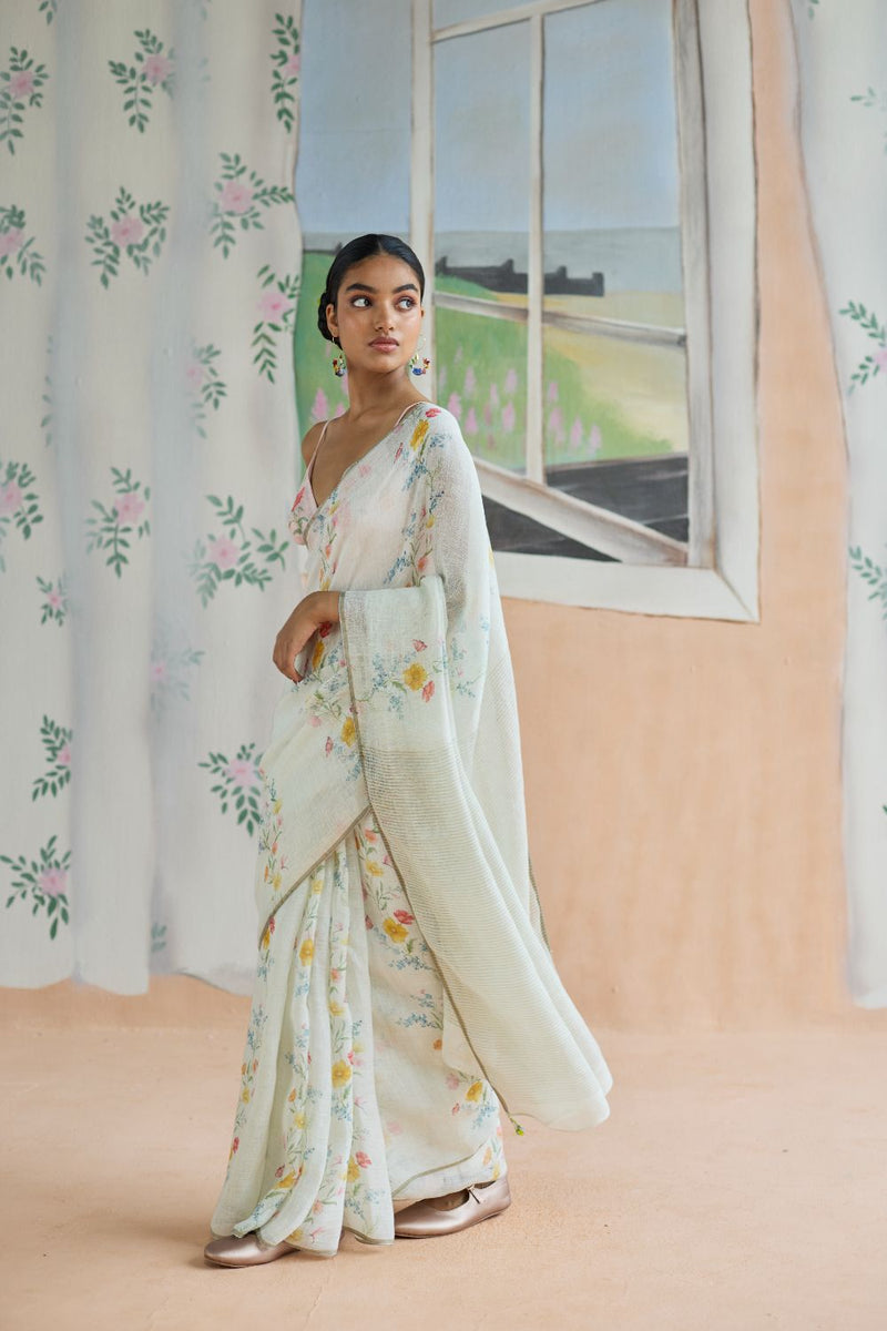 Unwind Line Sari linen by Nadiya Paar in white color for women Worldwide