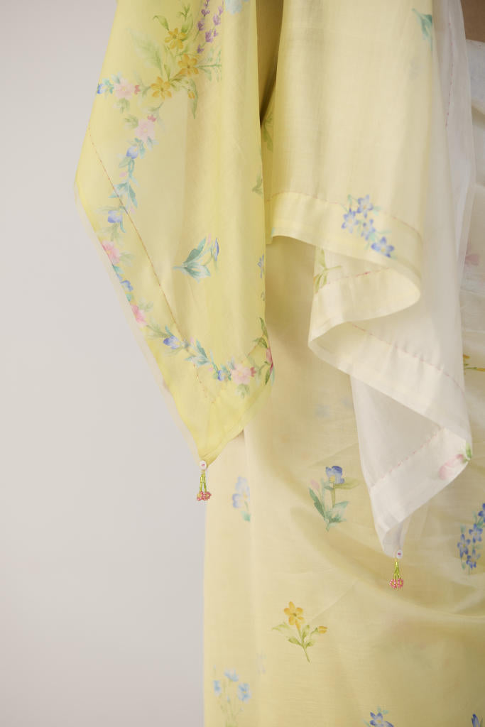 Clover Field Mulberry Organza Silk Sari-Yellow Ombre organza by Nadiya Paar in yellow color for women Worldwide