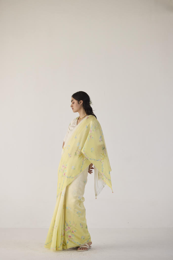 Clover Field Mulberry Organza Silk Sari-Yellow Ombre organza by Nadiya Paar in yellow color for women Worldwide