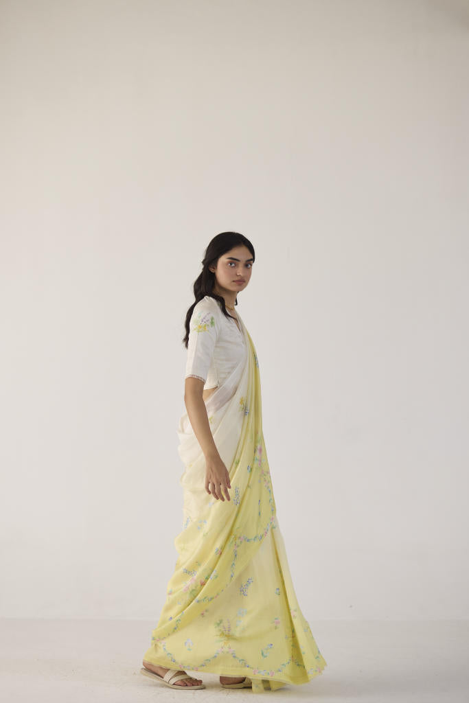 Clover Field Mulberry Organza Silk Sari-Yellow Ombre organza by Nadiya Paar in yellow color for women Worldwide