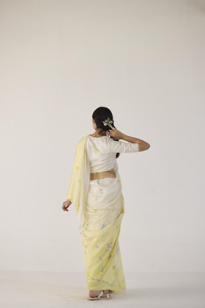 Clover Field Mulberry Organza Silk Sari-Yellow Ombre organza by Nadiya Paar in yellow color for women Worldwide