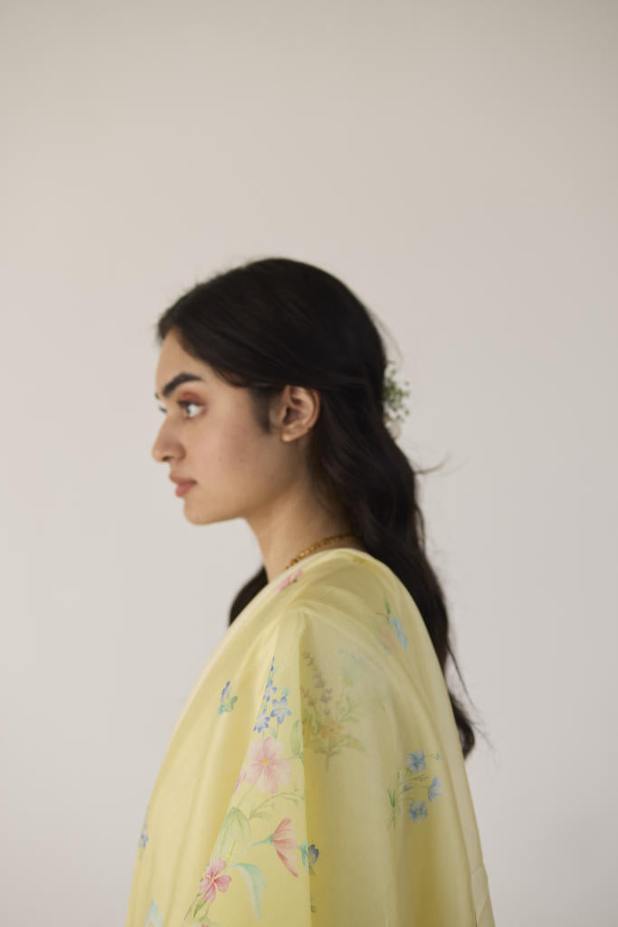 Clover Field Mulberry Organza Silk Sari-Yellow Ombre organza by Nadiya Paar in yellow color for women Worldwide