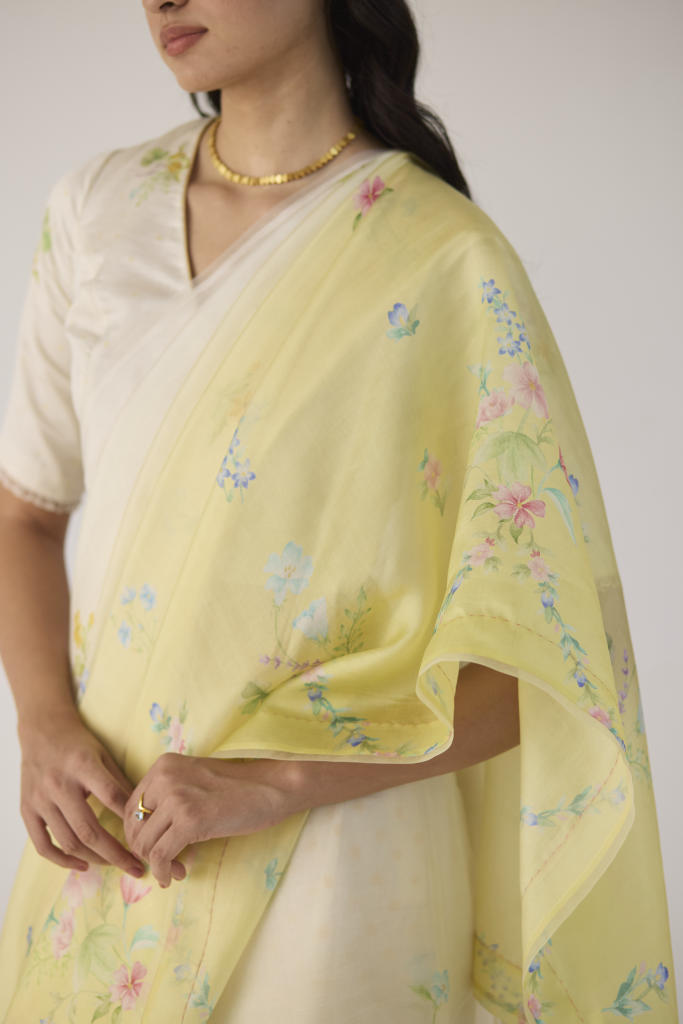 Clover Field Mulberry Organza Silk Sari-Yellow Ombre organza by Nadiya Paar in yellow color for women Worldwide