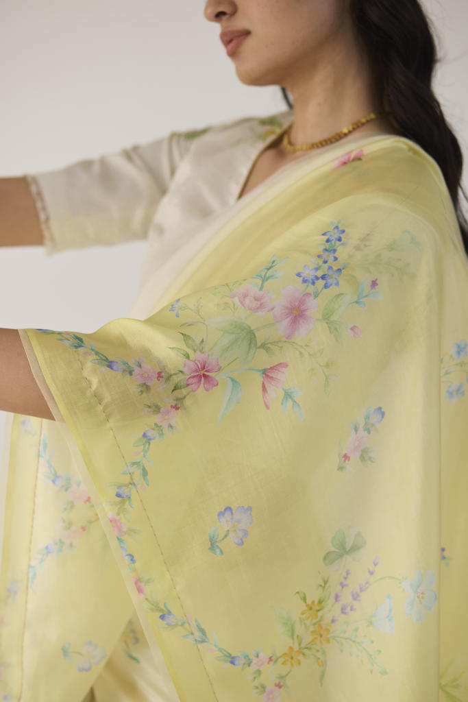 Clover Field Mulberry Organza Silk Sari-Yellow Ombre organza by Nadiya Paar in yellow color for women Worldwide