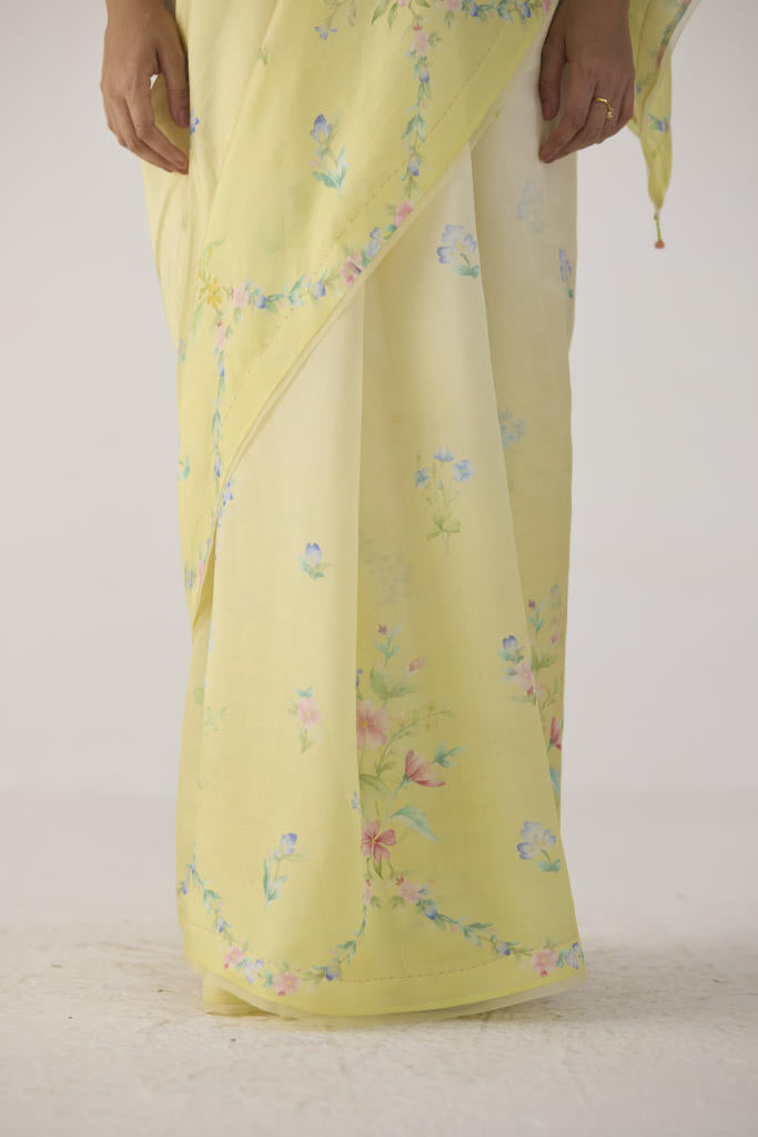 Clover Field Mulberry Organza Silk Sari-Yellow Ombre organza by Nadiya Paar in yellow color for women Worldwide