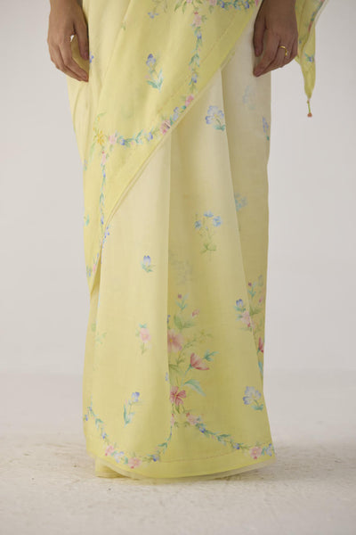 Clover Field Mulberry Organza Silk Sari-Yellow Ombre