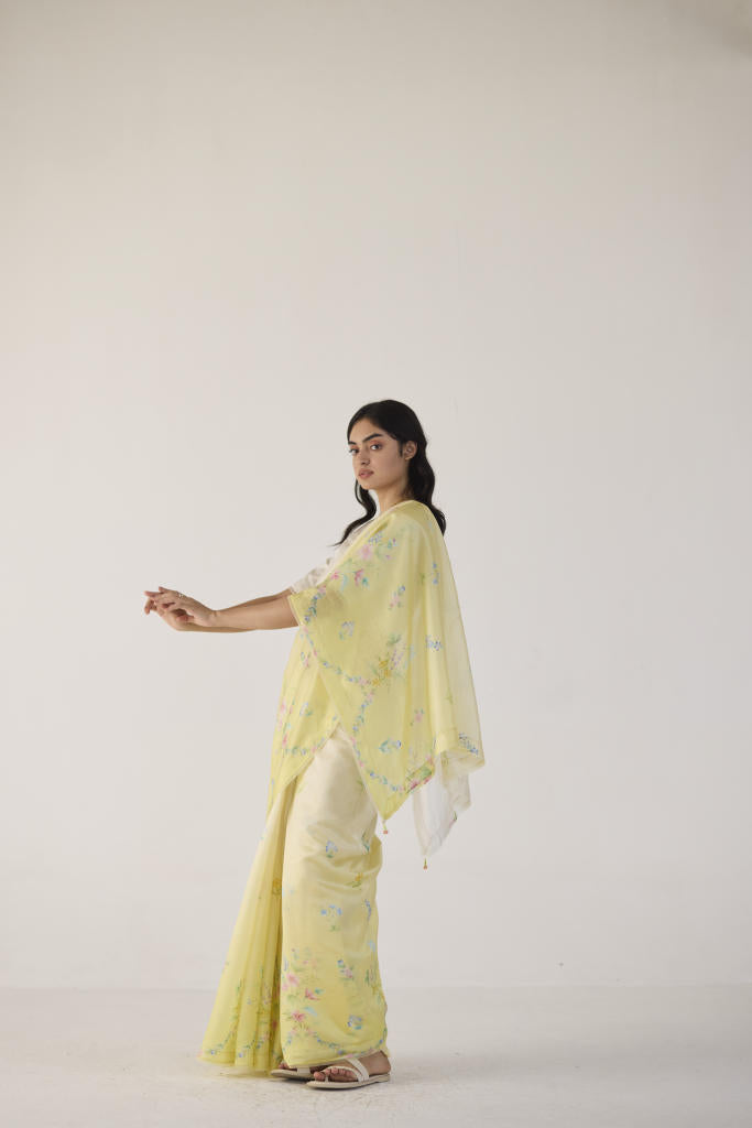 Clover Field Mulberry Organza Silk Sari-Yellow Ombre organza by Nadiya Paar in yellow color for women Worldwide