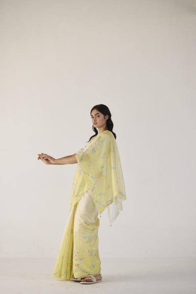 Clover Field Mulberry Organza Silk Sari-Yellow Ombre