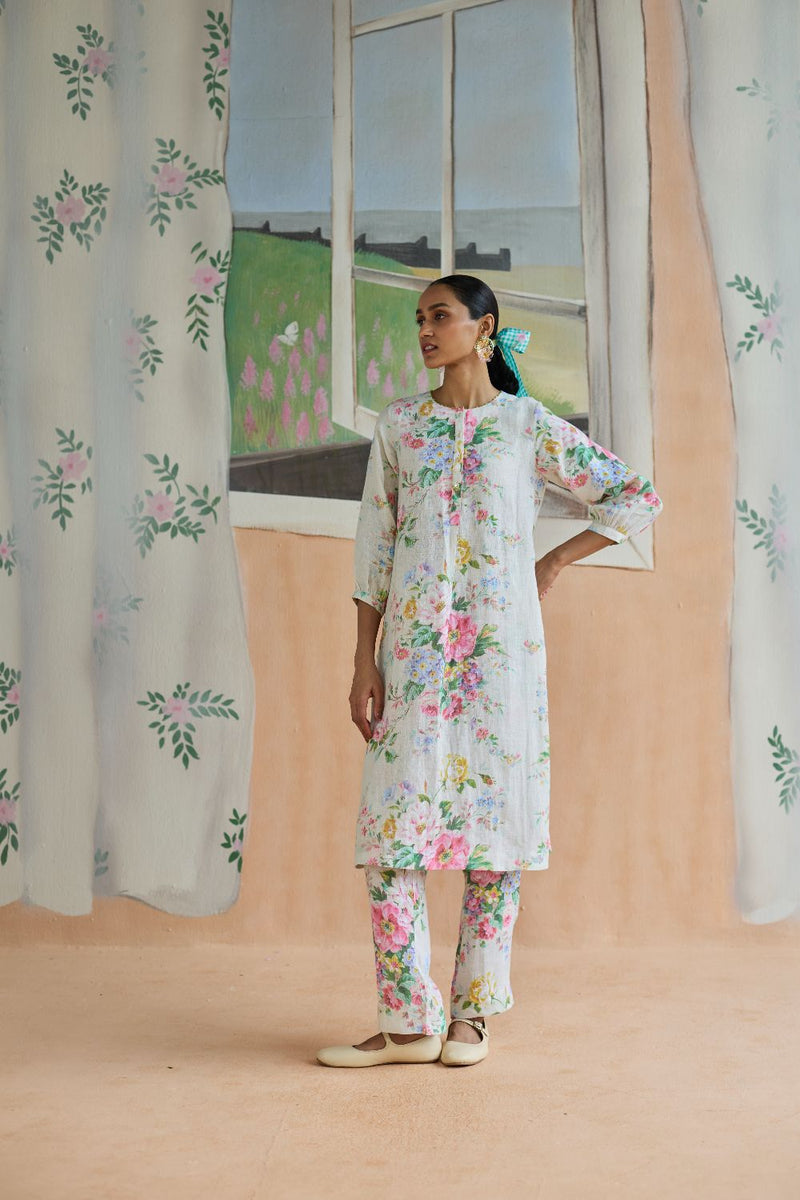 Sunbeam Long Kurta Set Linen linen by Nadiya Paar in white color for women Worldwide