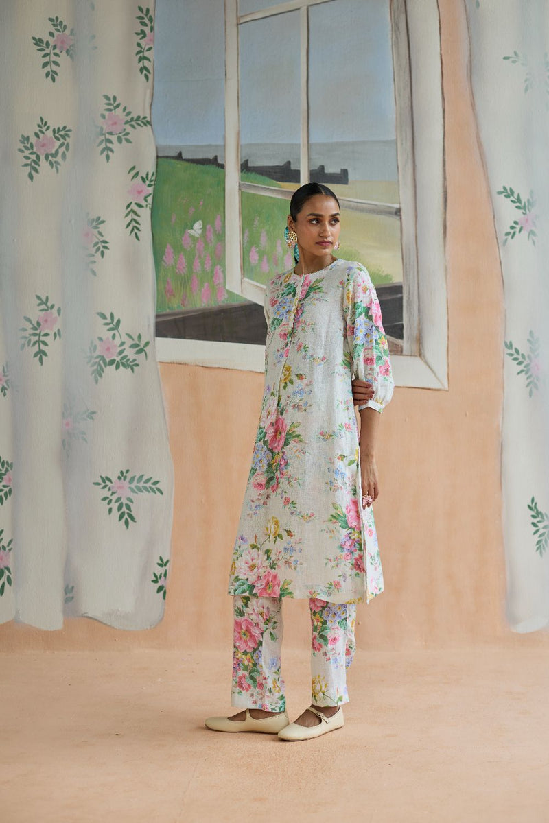 Sunbeam Long Kurta Set Linen linen by Nadiya Paar in white color for women Worldwide
