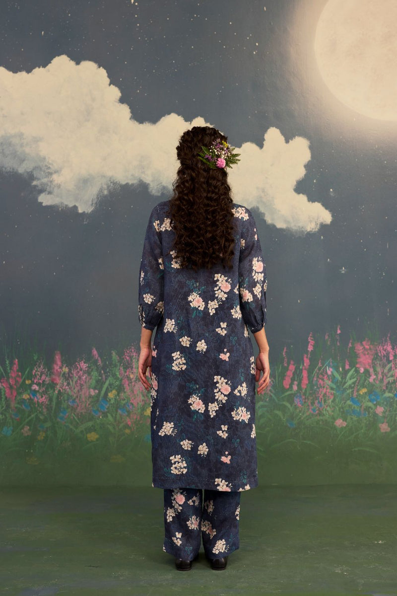 Moonlit Rose Sunbeam Long Kurta Set Linen by Nadiya Paar in black color for women Worldwide