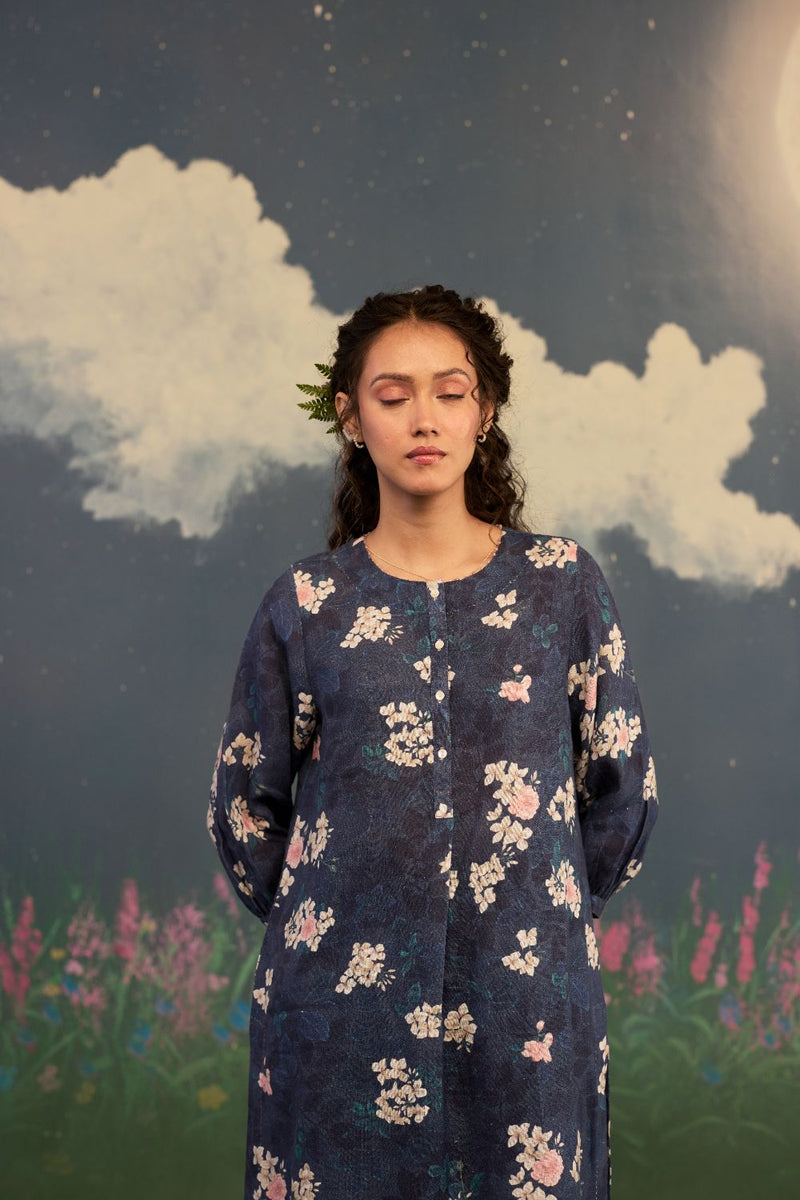 Moonlit Rose Sunbeam Long Kurta Set Linen by Nadiya Paar in black color for women Worldwide