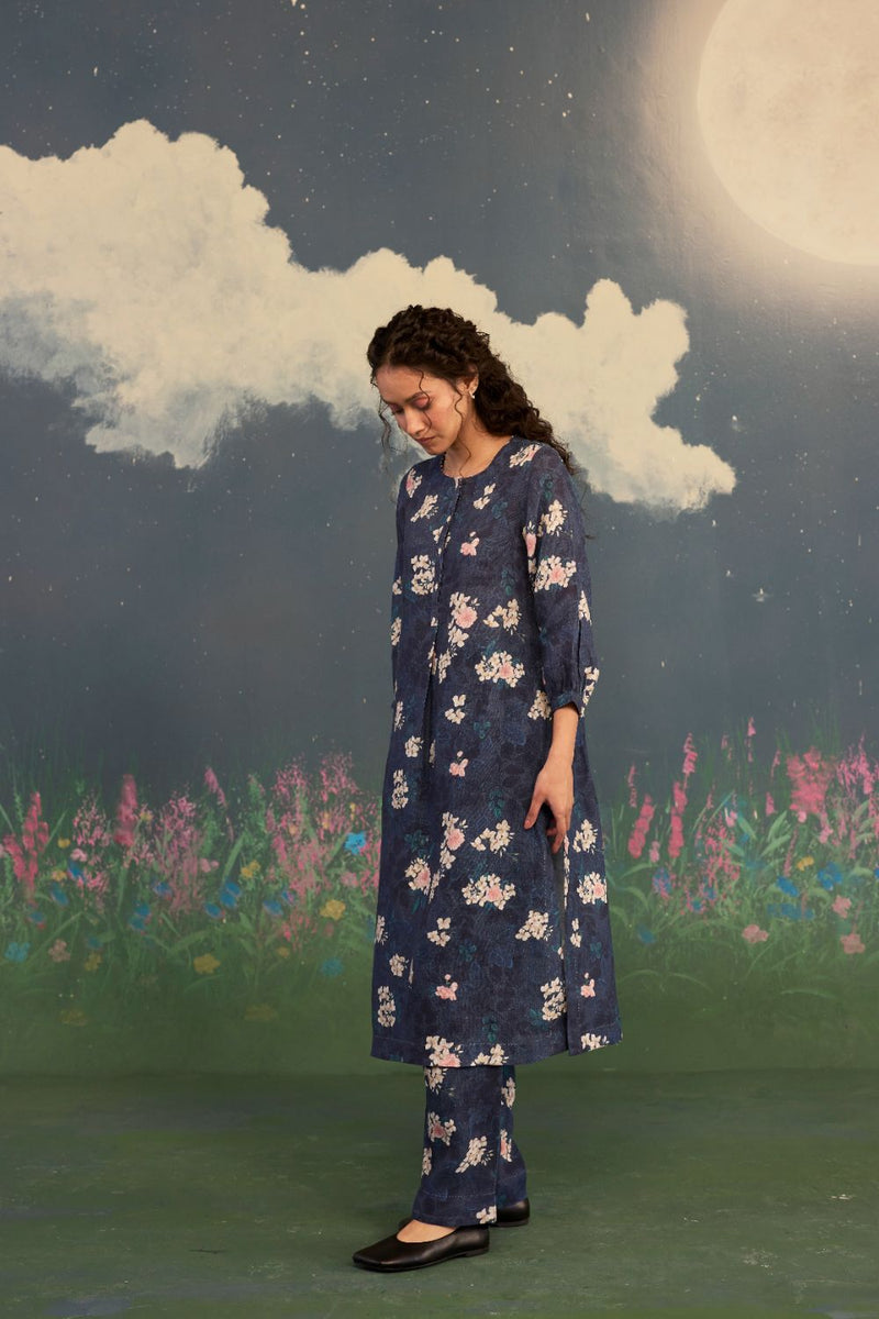 Moonlit Rose Sunbeam Long Kurta Set Linen by Nadiya Paar in black color for women Worldwide