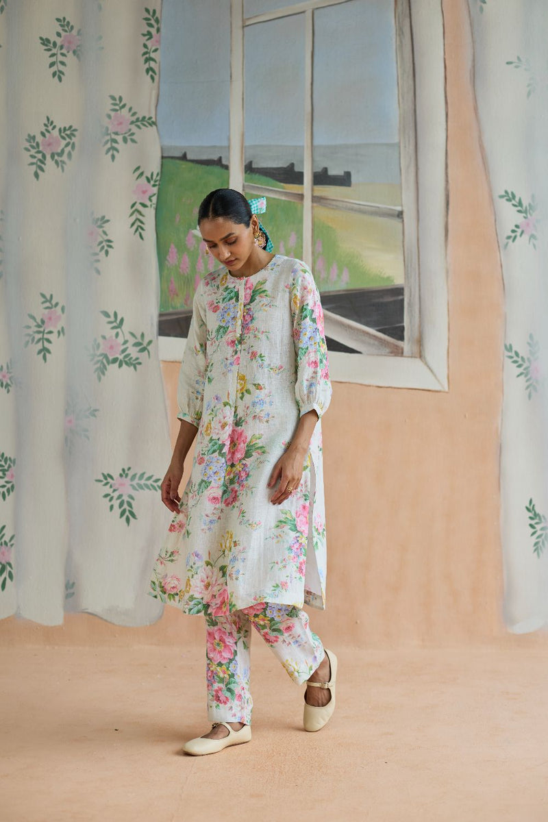 Sunbeam Long Kurta Set Linen linen by Nadiya Paar in white color for women Worldwide