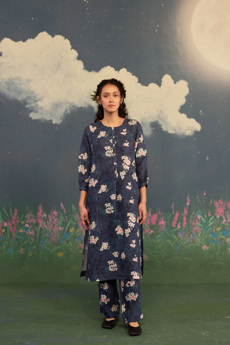 Moonlit Rose Sunbeam Long Kurta Set Linen by Nadiya Paar in black color for women Worldwide