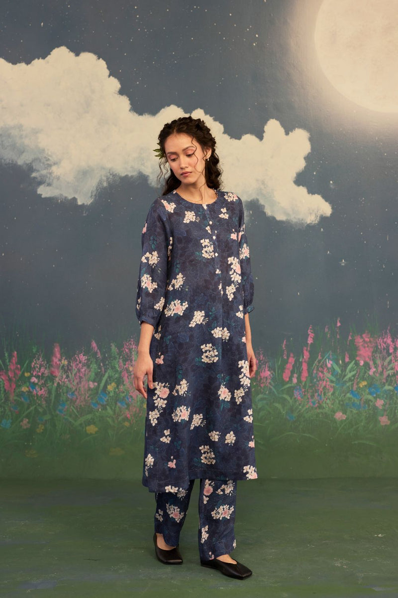 Moonlit Rose Sunbeam Long Kurta Set Linen by Nadiya Paar in black color for women Worldwide