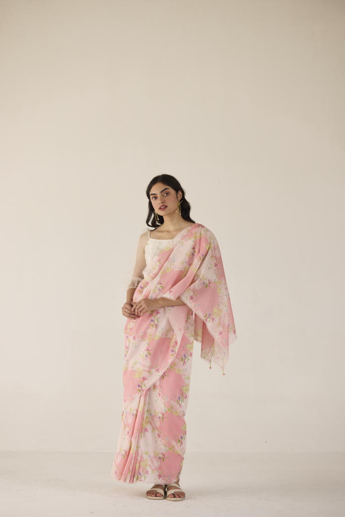 Rose Garden Silk and Cotton Chanderi Sari-Pink silk by Nadiya Paar in pink color for women Worldwide