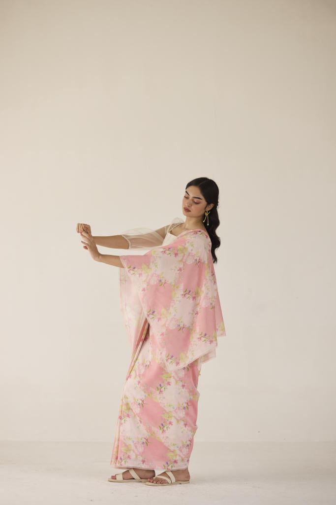 Rose Garden Silk and Cotton Chanderi Sari-Pink silk by Nadiya Paar in pink color for women Worldwide