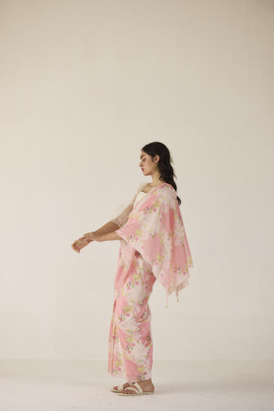 Rose Garden Silk and Cotton Chanderi Sari-Pink