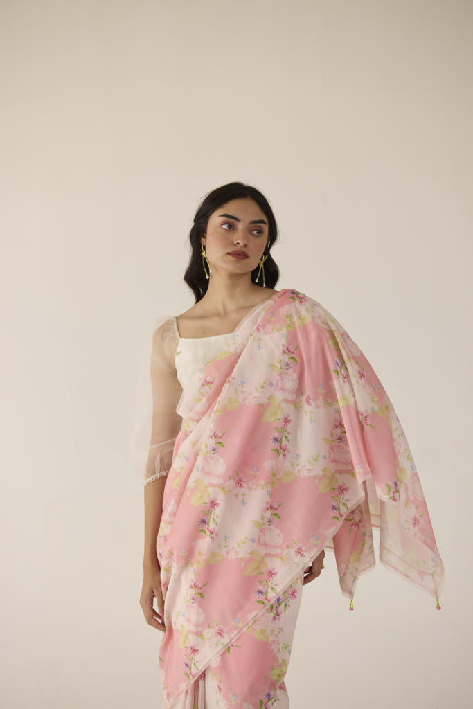 Rose Garden Silk and Cotton Chanderi Sari-Pink silk by Nadiya Paar in pink color for women Worldwide