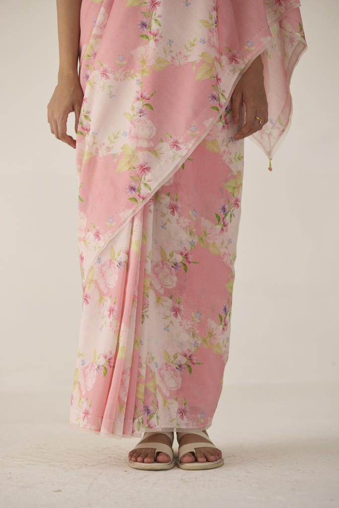 Rose Garden Silk and Cotton Chanderi Sari-Pink silk by Nadiya Paar in pink color for women Worldwide