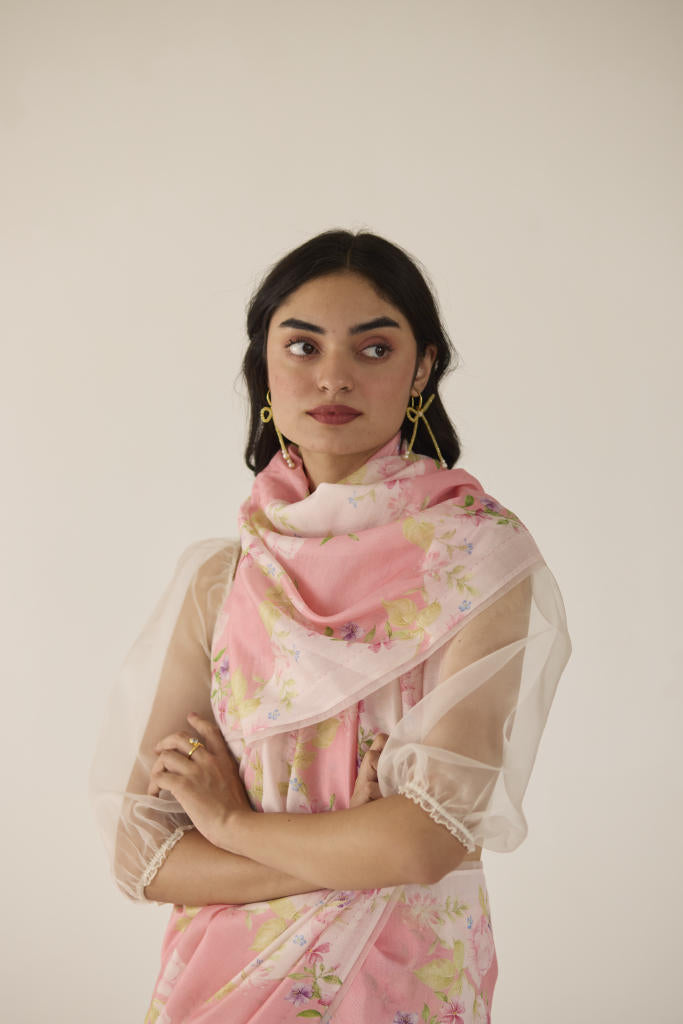 Rose Garden Silk and Cotton Chanderi Sari-Pink