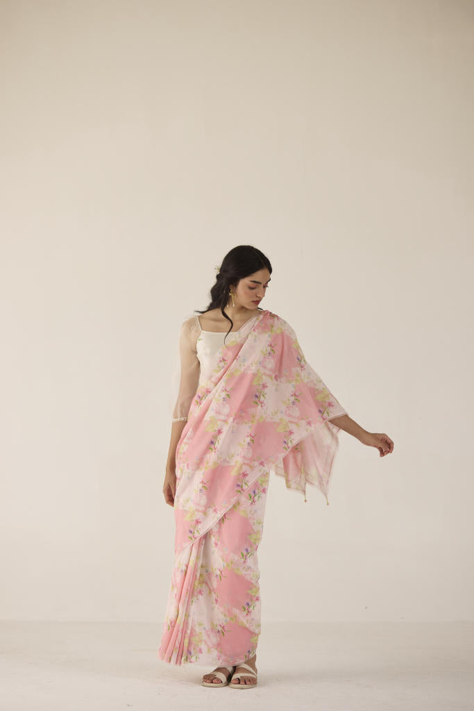 Rose Garden Silk and Cotton Chanderi Sari-Pink silk by Nadiya Paar in pink color for women Worldwide