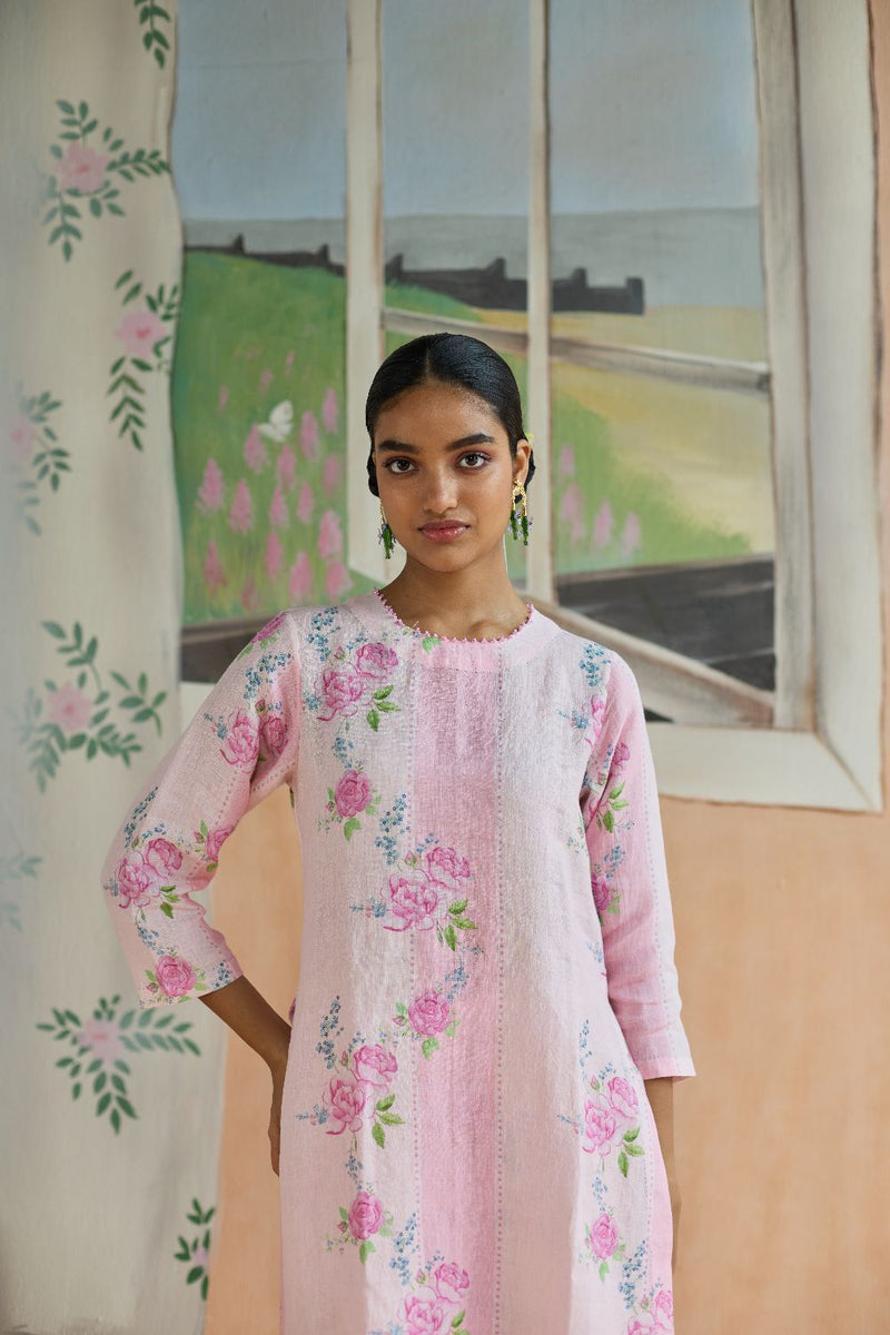 Rose Haze Long Kurta Set Linen linen by Nadiya Paar in pink color for women Worldwide