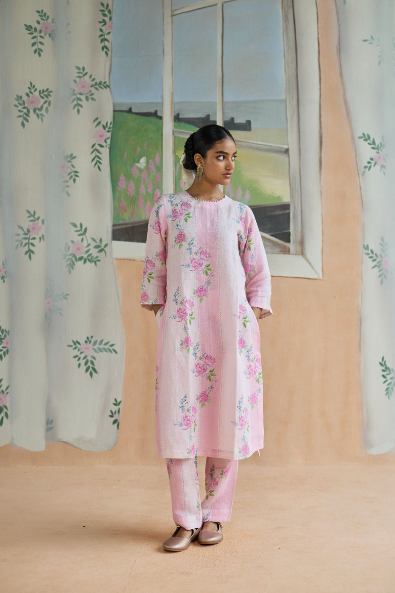 Rose Haze Long Kurta Set Linen linen by Nadiya Paar in pink color for women Worldwide