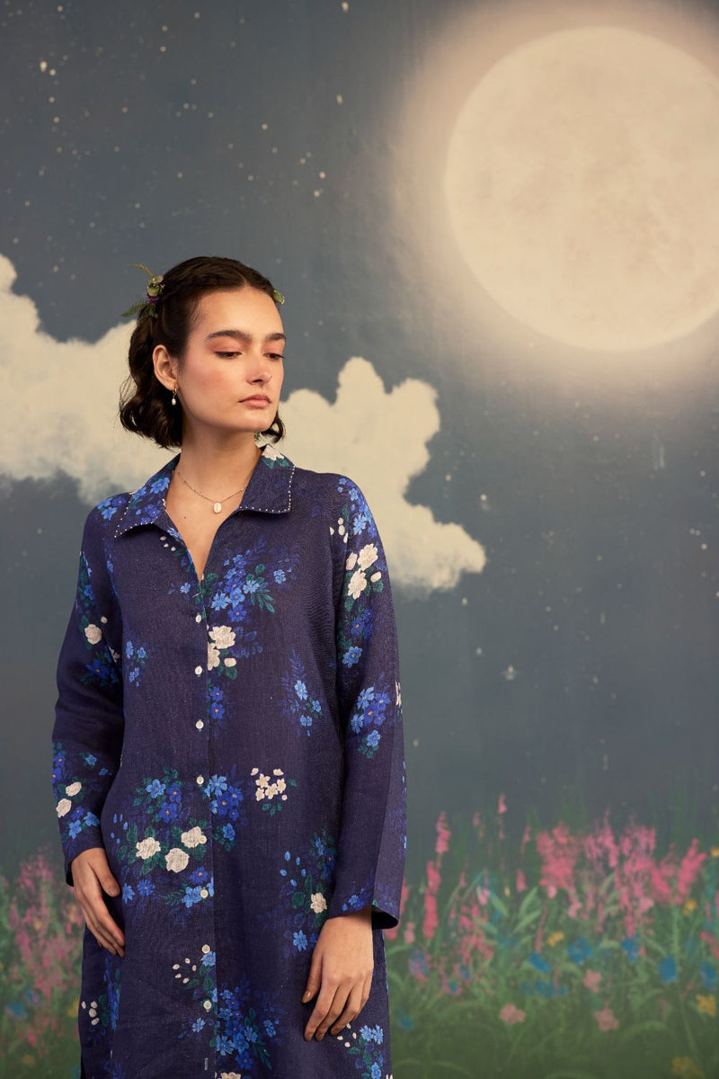 Blue Morning Glory Long Shirt Kurta Set Linen by Nadiya Paar in blue color for women Worldwide
