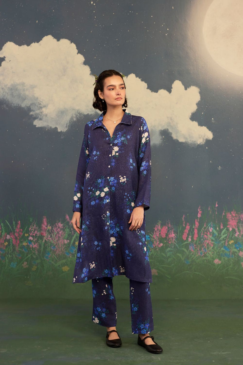 Blue Morning Glory Long Shirt Kurta Set Linen by Nadiya Paar in blue color for women Worldwide